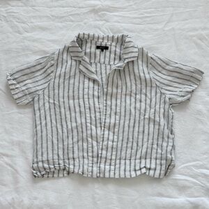 Quince Linen Short-Sleeve Button-Up, Black Stripes on Natural/Off-White